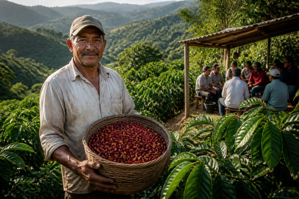 A coffee farmer in a lush green field holding a basket of ripe red coffee cherries, with a cooperative meeting visible in the background under warm morning light