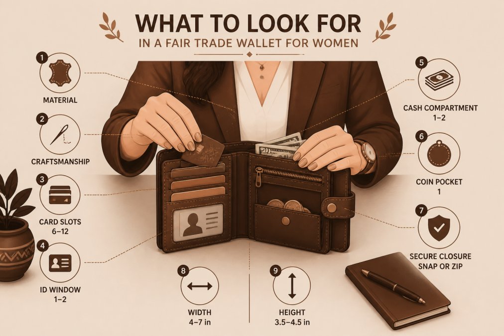 Woman in professional attire organizing cards, cash, and ID inside an open leather wallet, showing organized card slots and coin compartments with natural desk lighting