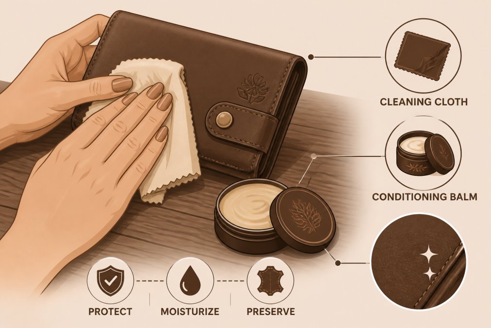 Close-up of hands gently conditioning a leather wallet with natural care products on a wooden surface, showing the cleaning cloth and conditioning balm