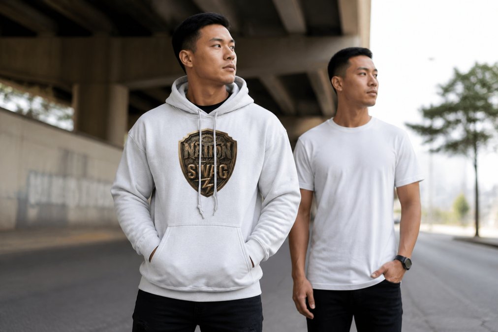 Man wearing faith-based graphic hoodie and complementary t-shirt standing confidently in casual urban setting, demonstrating how Christian apparel integrates into everyday wardrobe styling
