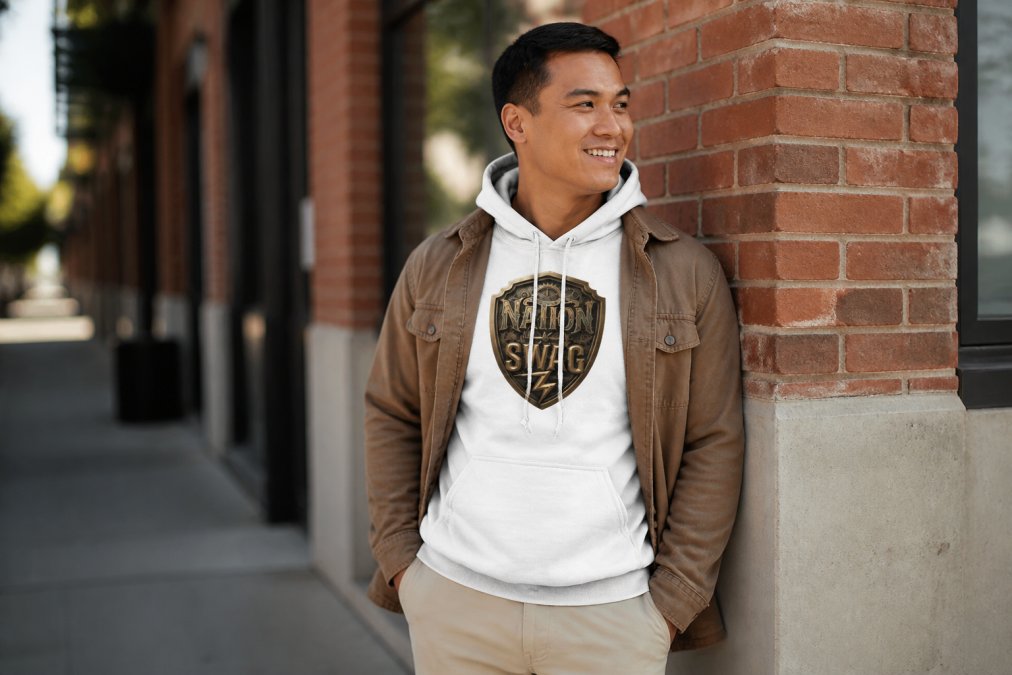 Male model wearing Christian graphic tee layered with jacket, demonstrating proper fit and styling techniques on real person in natural lighting