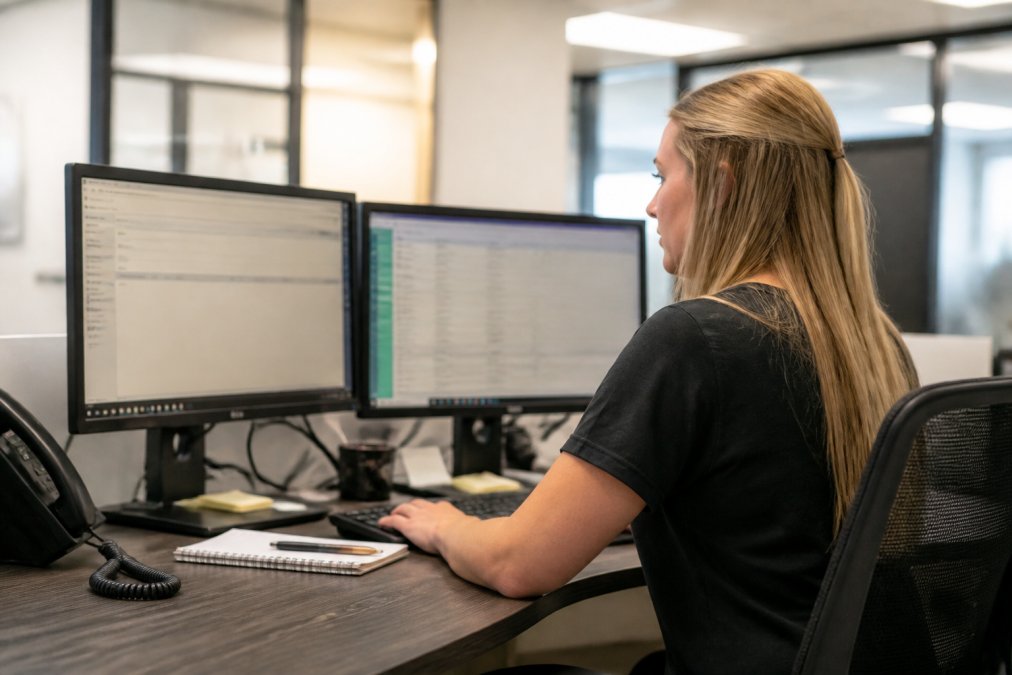 Dispatcher working at desk with two monitors displaying color-coded scheduling interface, dragging job cards between technician columns on a modern dashboard, bright office lighting
