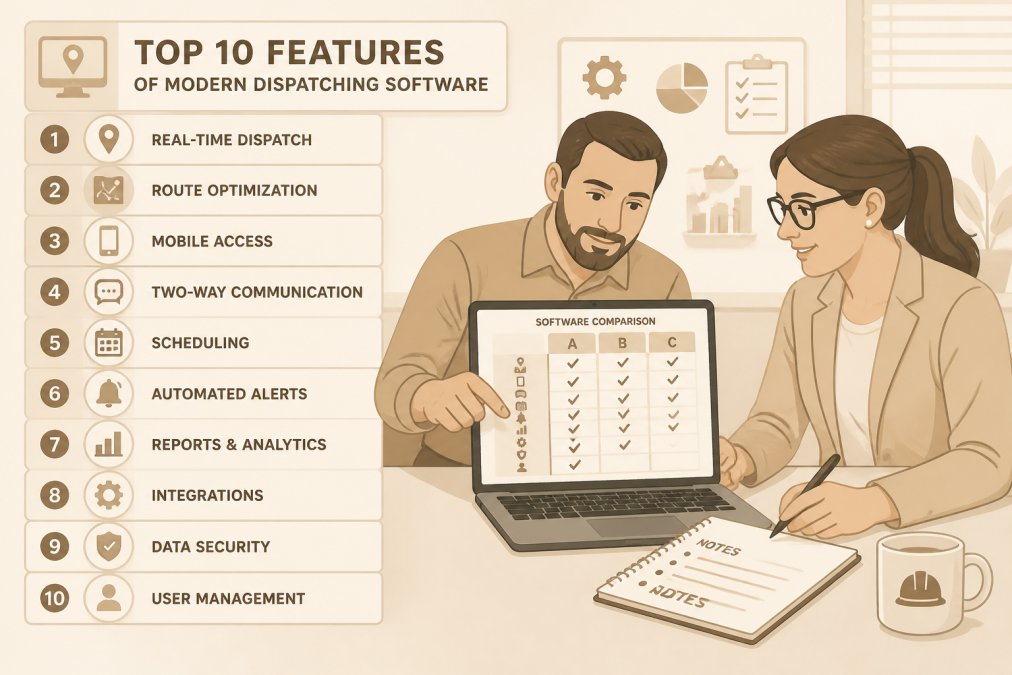 Small business owner and office manager reviewing dispatch software on laptop together in bright office, discussing features and comparing options on screen, taking notes