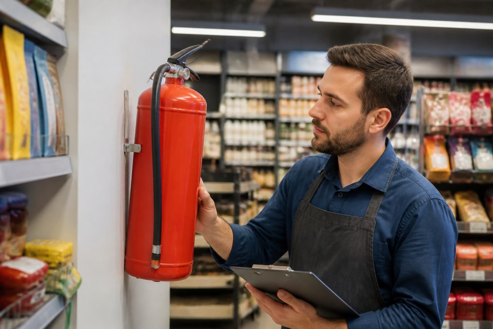 A retail store manager in a uniform inspecting a wall-mounted fire extinguisher in a brightly lit shop aisle, with shelves of stocked products visible in the background