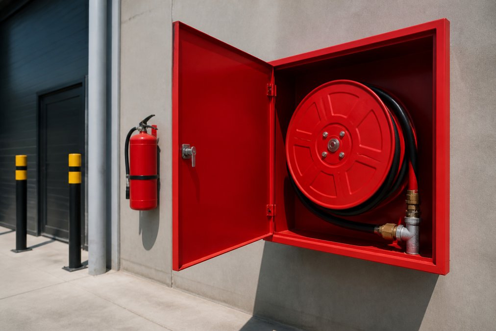 A wall-mounted fire extinguisher and coiled fire hose reel on a commercial building exterior, red cabinet doors open, bright afternoon sunlight