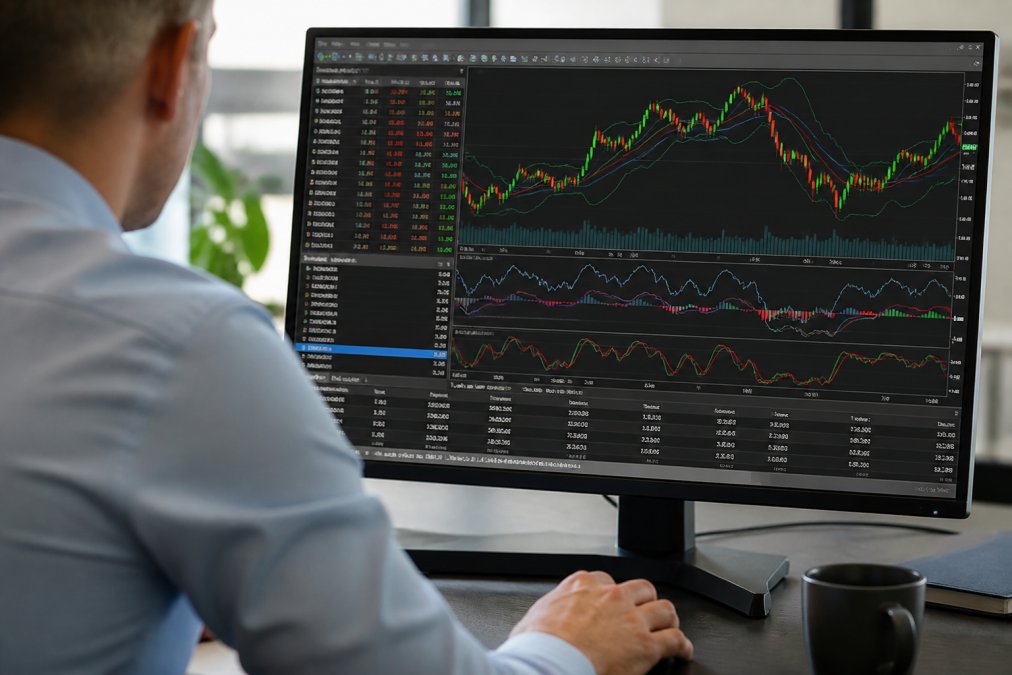 Close-up of computer screen displaying MT5 platform interface with technical indicators, candlestick charts, currency pair data, and automated trading system alerts