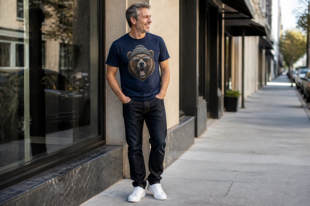 Adult wearing a funny graphic t-shirt styled casually with dark jeans and white trainers, standing outdoors in natural daylight with relaxed posture