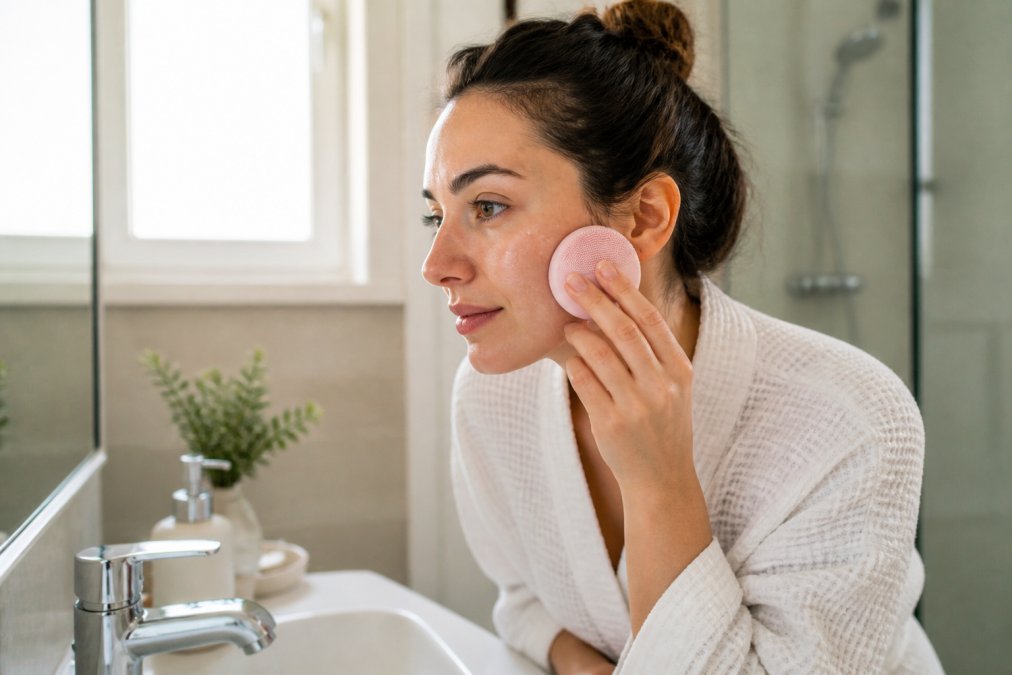 Woman with sensitive skin using a soft silicone brush and gentle cleansers at a bathroom sink
