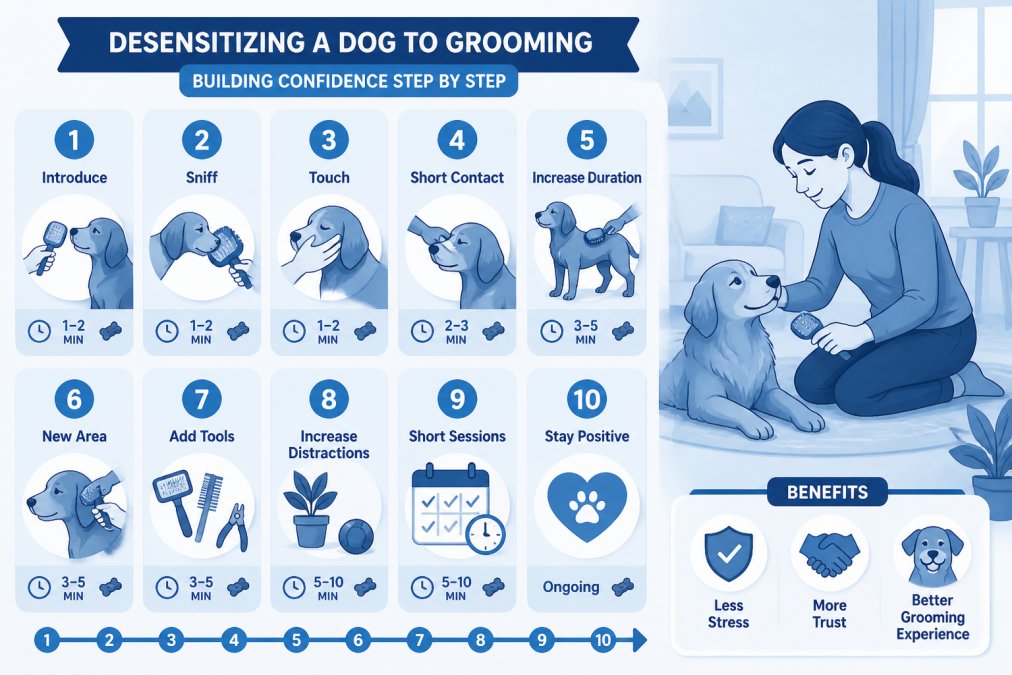 Owner gently introducing grooming tools to a calm dog in a quiet home setting, showing positive interaction and trust-building with soft natural lighting