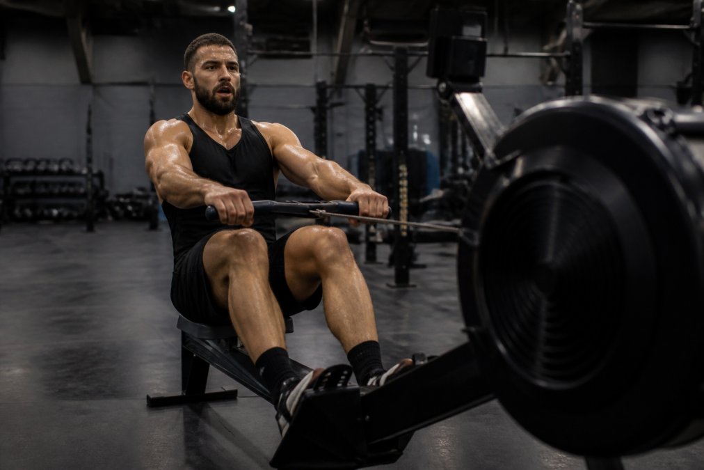 A focused athlete in a dark gym performing a high-intensity interval on a rowing machine, sweat visible, bright overhead lighting, other gym equipment blurred in the background
