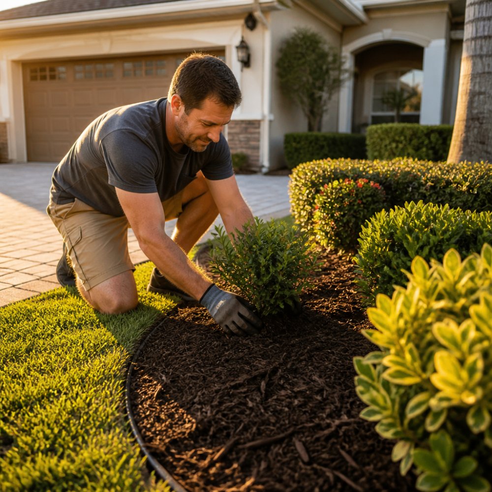 A well-maintained front yard of a Central Florida home with fresh mulch, trimmed shrubs, and a clean driveway, photographed in warm afternoon light