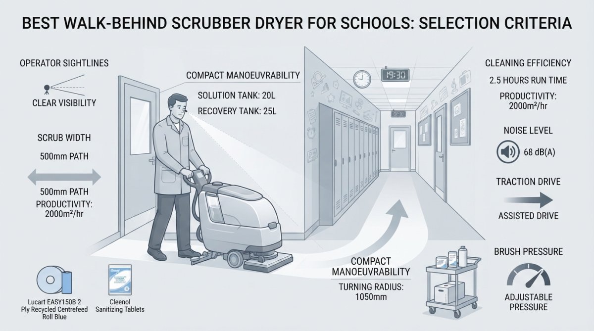 Professional illustration showing top 10 industrial floor scrubbers for schools