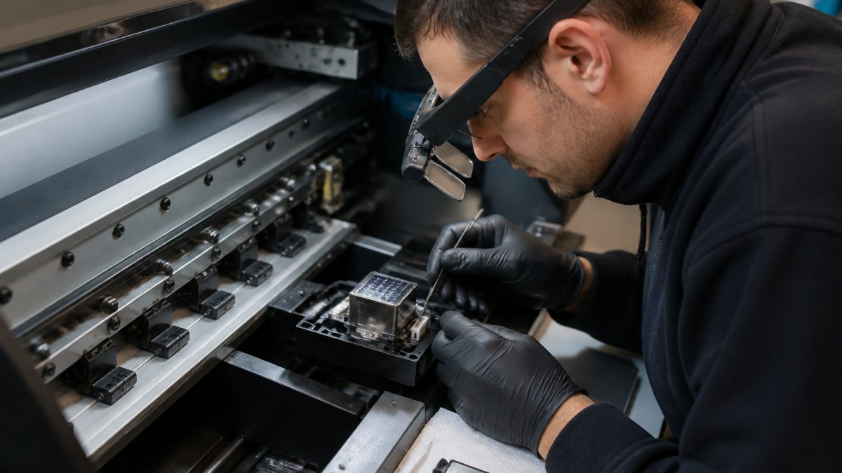 Maintenance engineer using precision tools to inspect a DTF printhead under bright workshop lighting