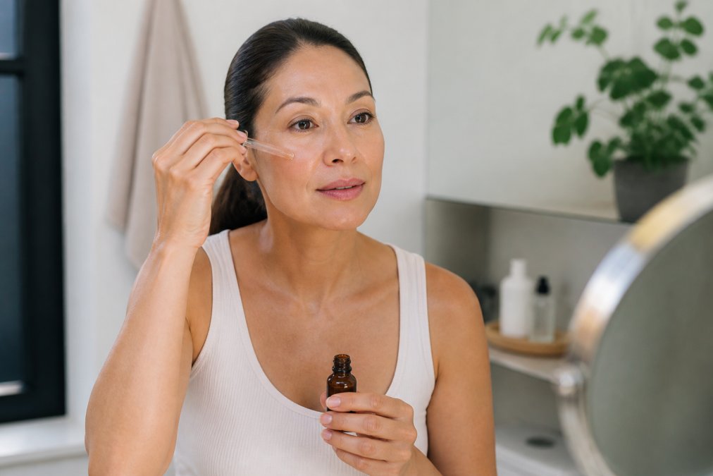 Woman in her 40s applying a brightening serum for dark spot correction at a softly lit bathroom vanity