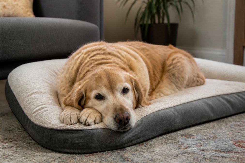 A senior golden retriever with graying fur resting on a soft orthopedic dog bed indoors, looking comfortable but slightly stiff