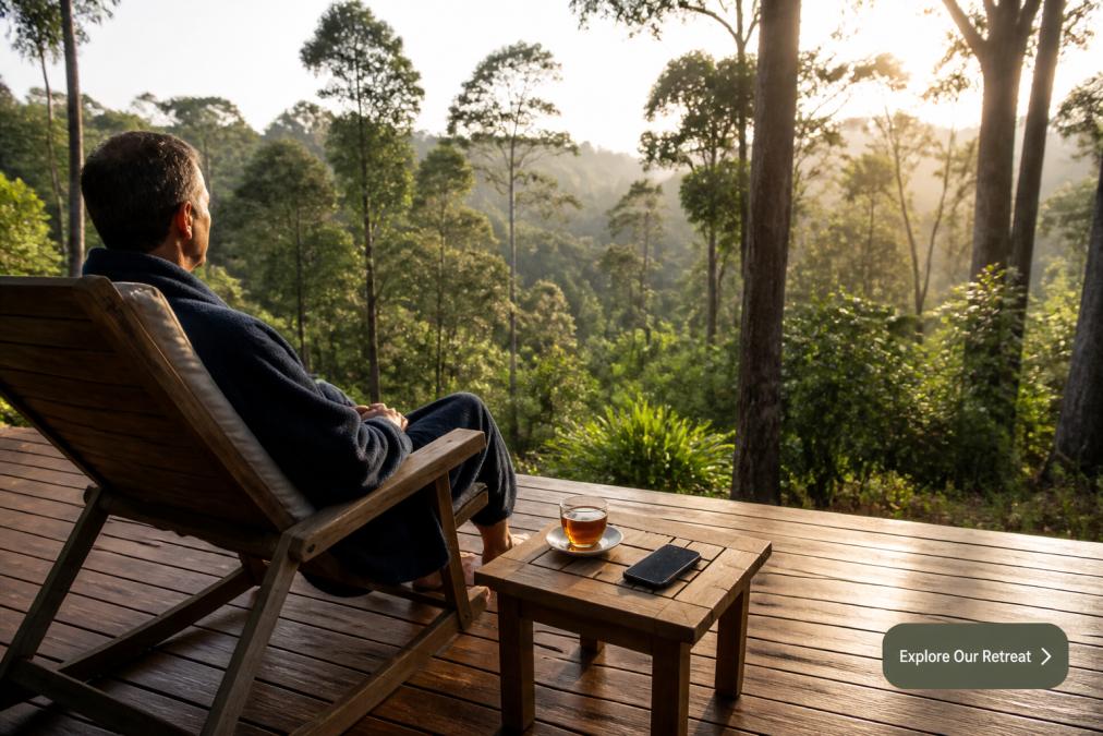 A business executive in a peaceful natural setting, sitting on a wooden deck overlooking a quiet forest, smartphone turned face-down beside a cup of herbal tea, morning light filtering through trees