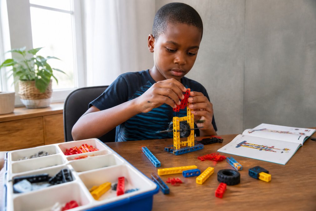 An 8-year-old boy concentrating while assembling a colourful construction kit at a wooden table, with toy pieces and instruction booklet visible, natural daylight from a window