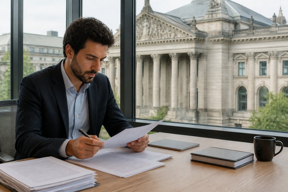 A business professional reviewing financial documents and a laptop in a modern office, with a German bank building visible through the window in the background
