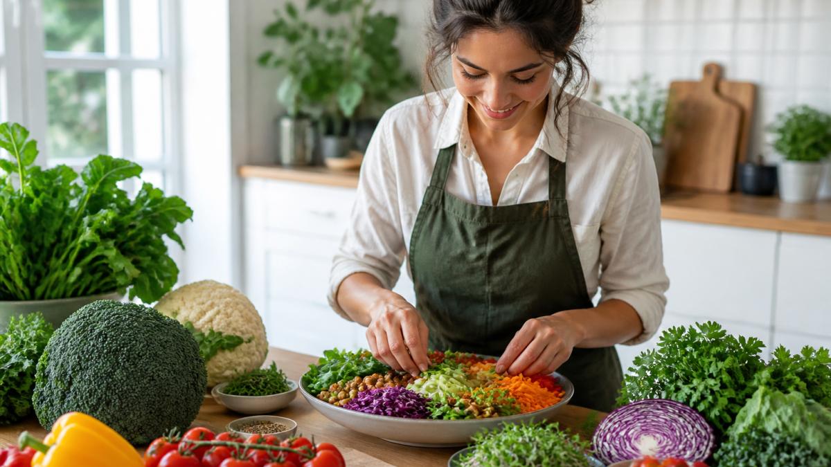 Person preparing a colorful plate of fresh vegetables and whole foods in a bright kitchen, with leafy greens and cruciferous vegetables visible on the counter