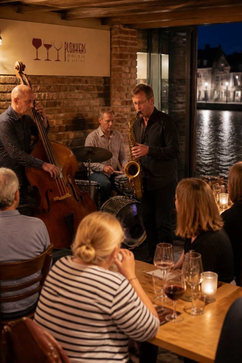 A warmly lit jazz trio performing in an intimate riverside bar with exposed brick walls, a double bass player and saxophonist visible, small audience seated at close tables with drinks