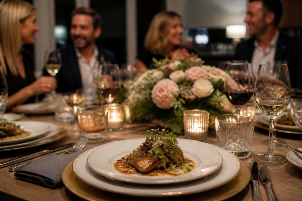 Elegantly plated multi-course meal on fine china at a home dining table with soft candlelight and fresh flowers, guests in the background enjoying conversation and wine