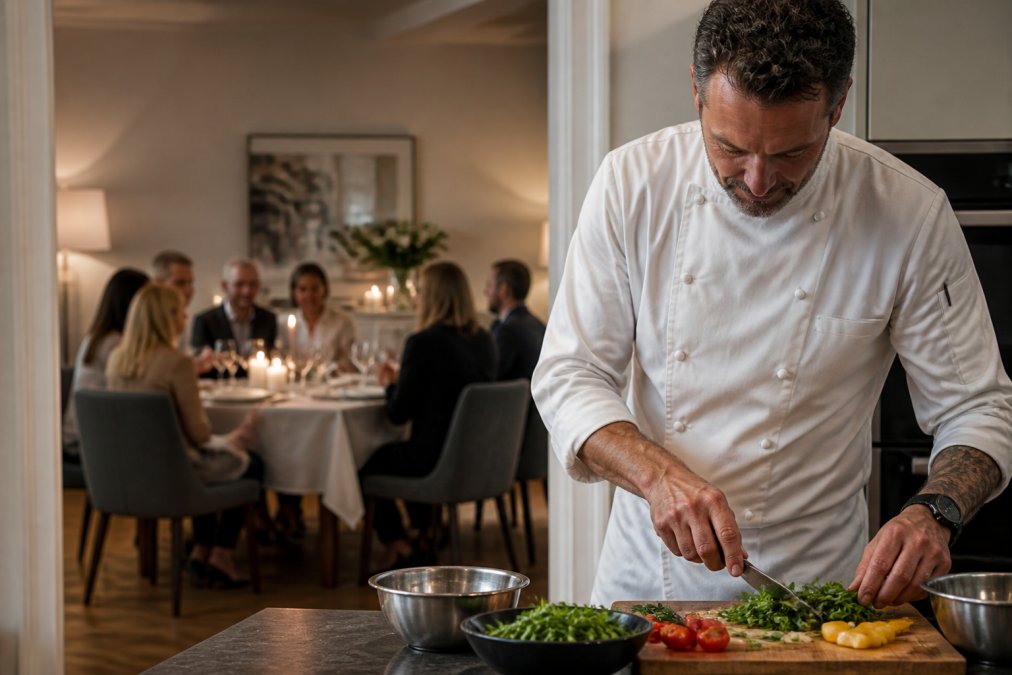Professional private chef in chef's whites preparing fresh ingredients in a home kitchen, with guests visible through the doorway at a dining table enjoying the atmosphere