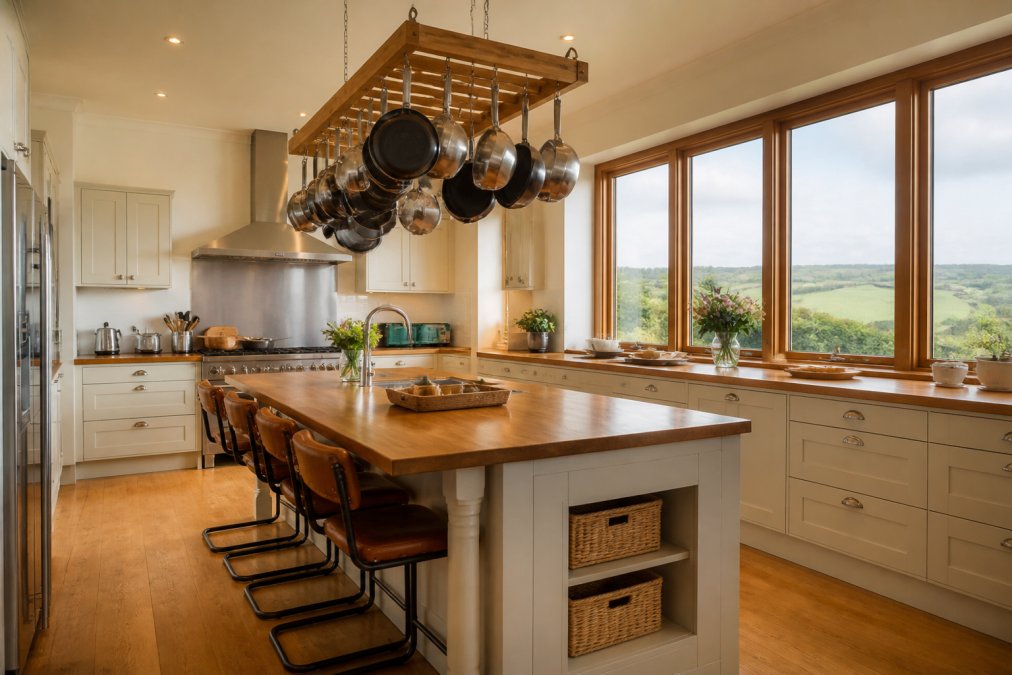 Bright, modern kitchen with stainless steel appliances, wooden countertops, quality cookware hanging above an island, and natural light streaming through large windows overlooking countryside