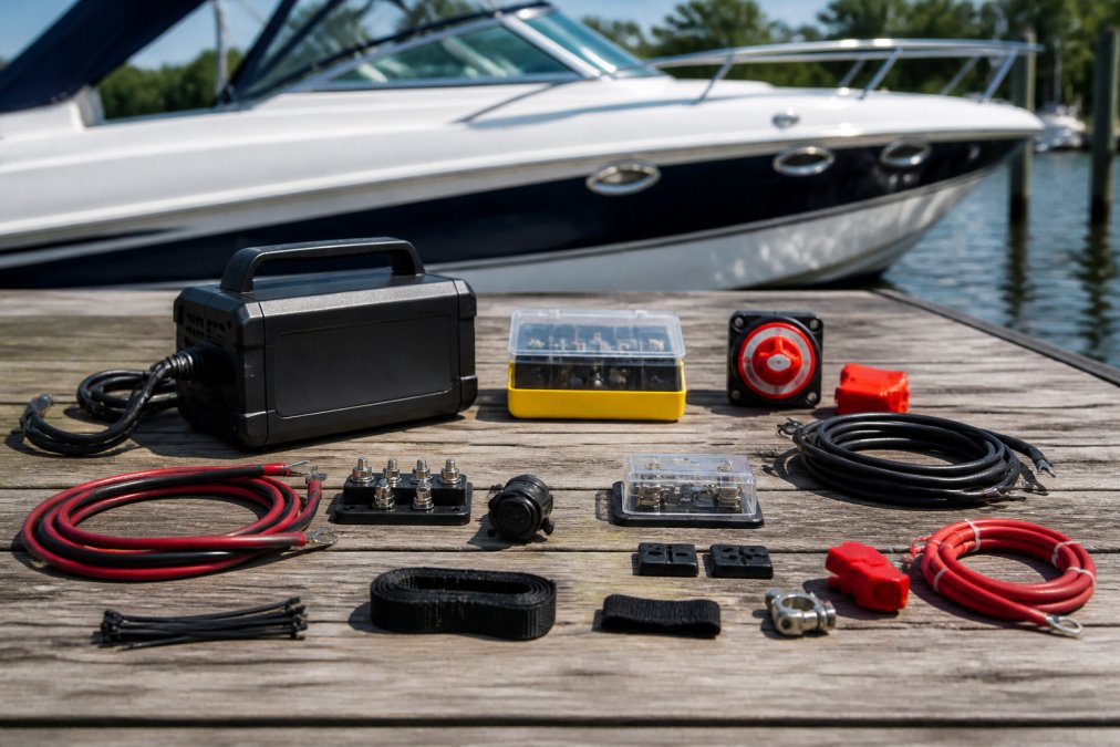 A clean, organized display of various marine battery accessories arranged on a wooden dock beside a boat, including a charger, battery switch, and cables
