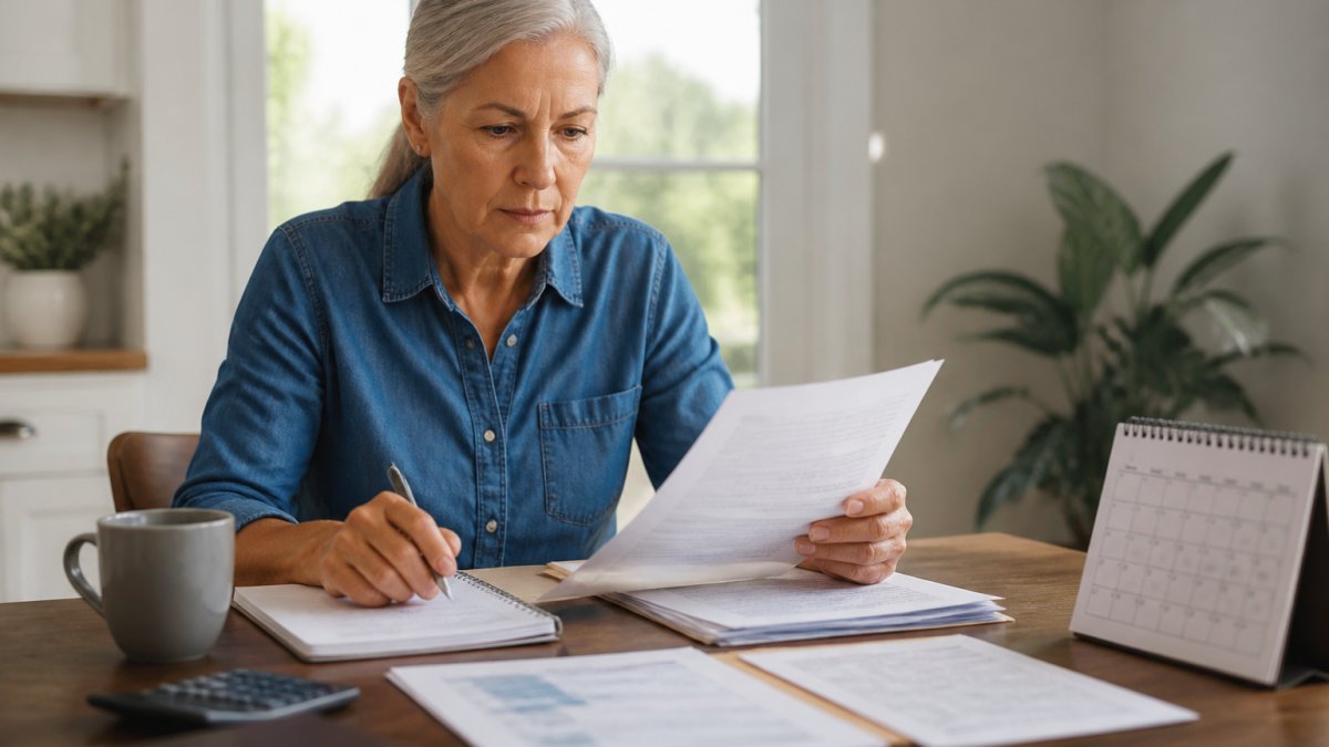 Senior adult reviewing Medicare enrollment forms and documents at a desk to avoid common mistakes