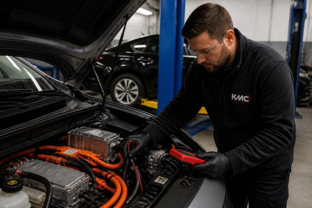 Technician with specialist diagnostic equipment checking an electric vehicle's battery and electrical systems in a modern garage