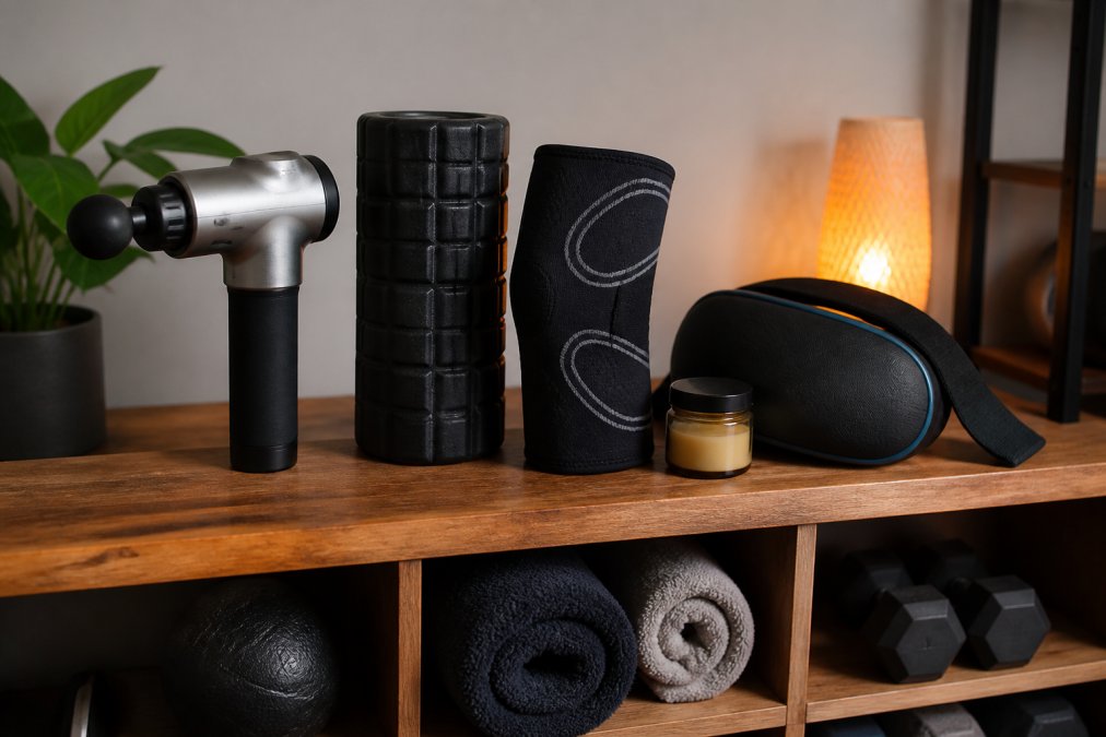 Home gym corner displaying multiple recovery tools including a massage gun, foam roller, compression sleeve, recovery cream, and cold therapy device arranged on a wooden shelf with warm lighting