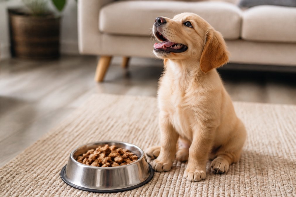 Happy puppy sitting next to a bowl of natural treats in a cozy living room