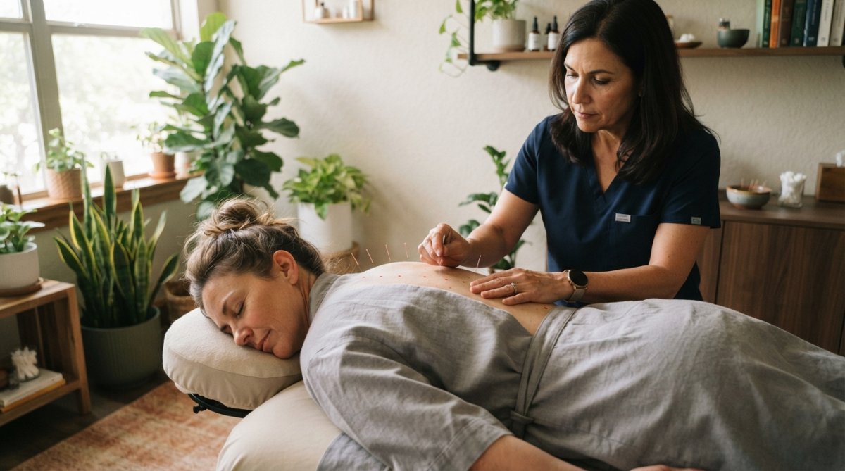 Licensed acupuncturist inserting thin needles into patient's back during treatment session in calm, softly-lit clinical room with plants and natural lighting