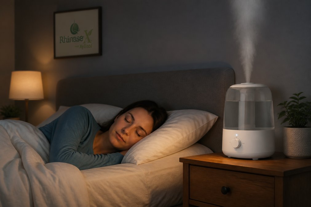 Person sleeping peacefully with a humidifier on the nightstand to prevent a dry nose at night.