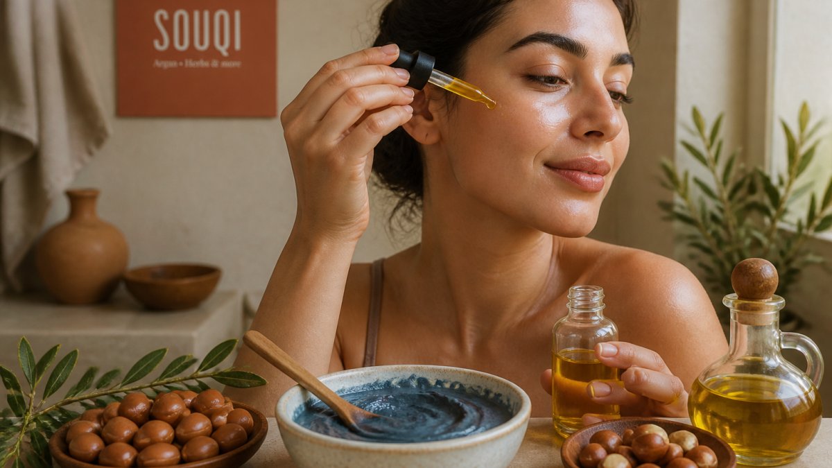 Close-up van vrouw die natuurlijke arganolie op haar gezicht aanbrengt met zacht licht dat de glans van de olie benadrukt
