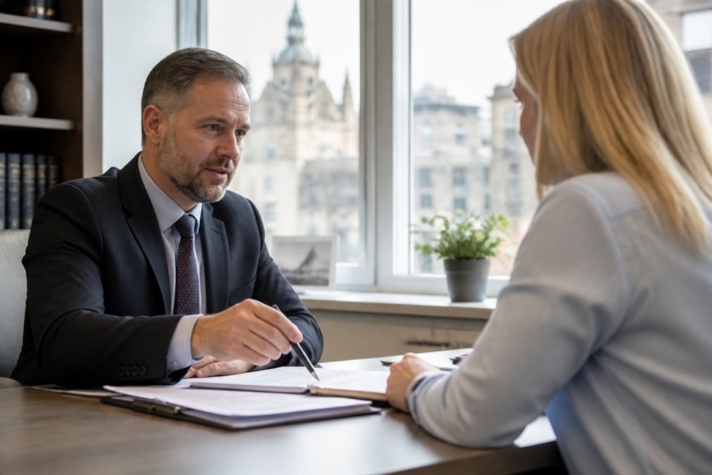 Professional solicitor meeting with a client in a modern law office, reviewing documents and discussing a personal injury claim, natural daylight from windows, contemporary furniture
