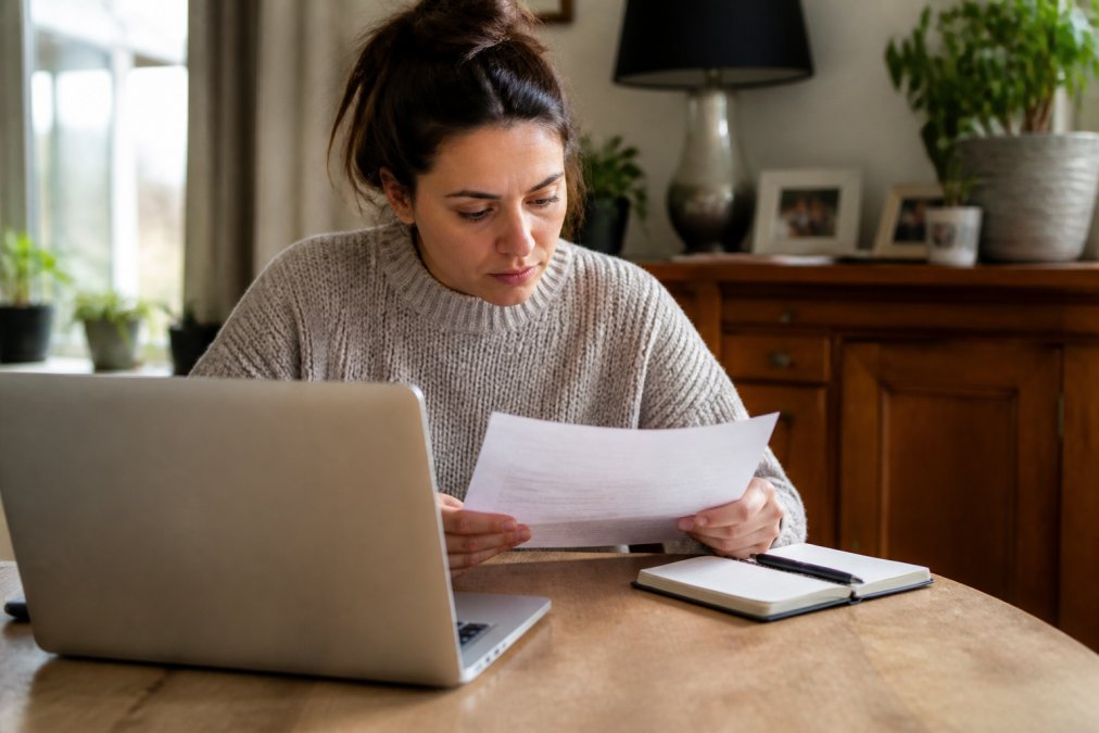 Person at home reviewing legal documents on a laptop with a notebook and pen nearby, researching solicitor options, warm indoor lighting