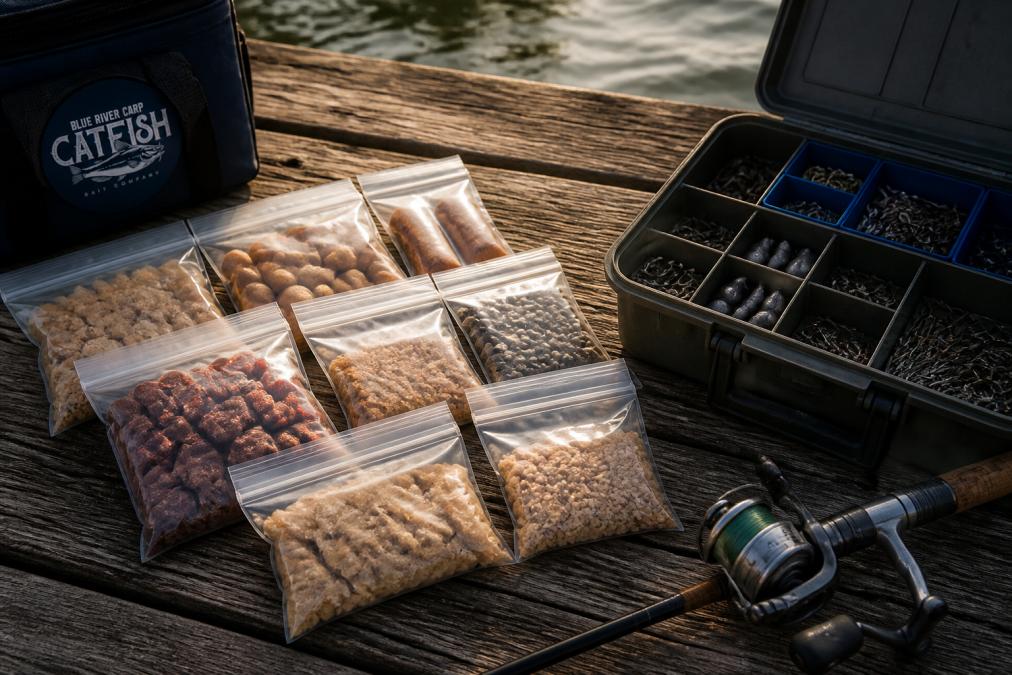 Packages of non refrigerated catfish bait, hooks, and a fishing rod laid out on a weathered wooden dock.