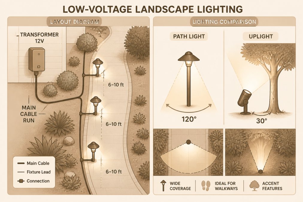 Diagram of a low-voltage landscape lighting layout showing a transformer, main cable run, and fixture spacing along a walkway at 6-10 feet apart, with beam angle cones for path lights versus uplights