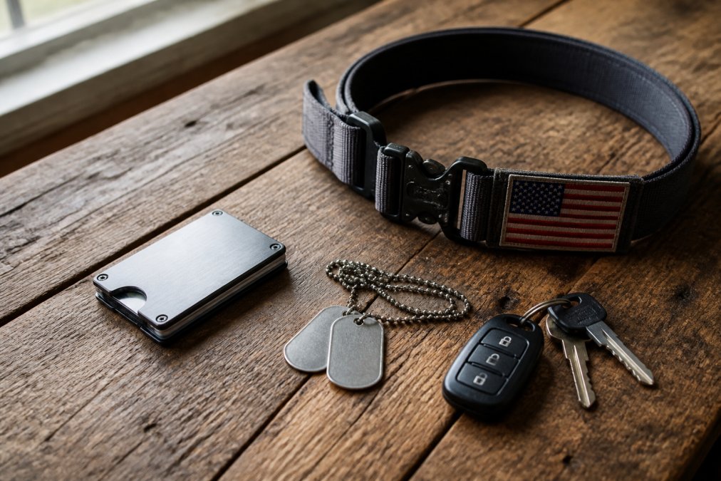 A flat-lay on a weathered wooden table showing a tactical belt with a small American flag detail, a slim metal wallet, dog tags on a ball chain, and car keys, with soft natural window light