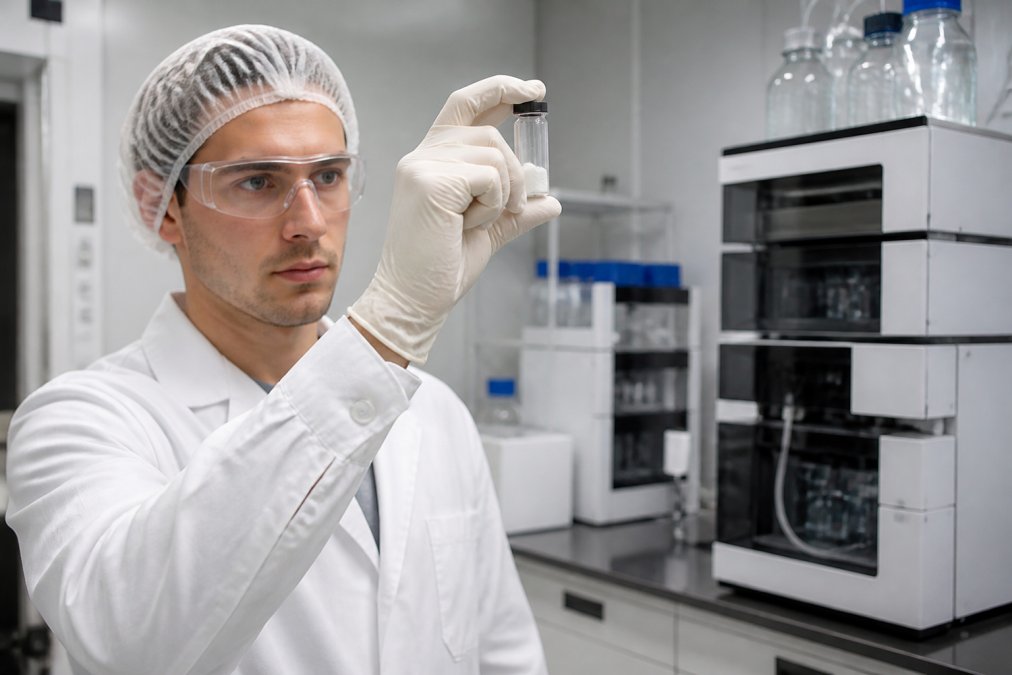 A scientist in a cleanroom lab coat and gloves holding a glass vial of white peptide powder up to the light, with HPLC equipment softly blurred in the background