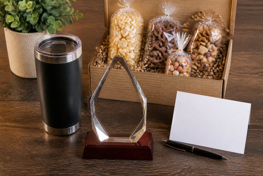 A flat-lay photo of recognition gifts on a wooden desk: an engraved crystal award, a branded insulated tumbler, a gourmet snack box, and a handwritten thank-you card, styled with warm natural lighting