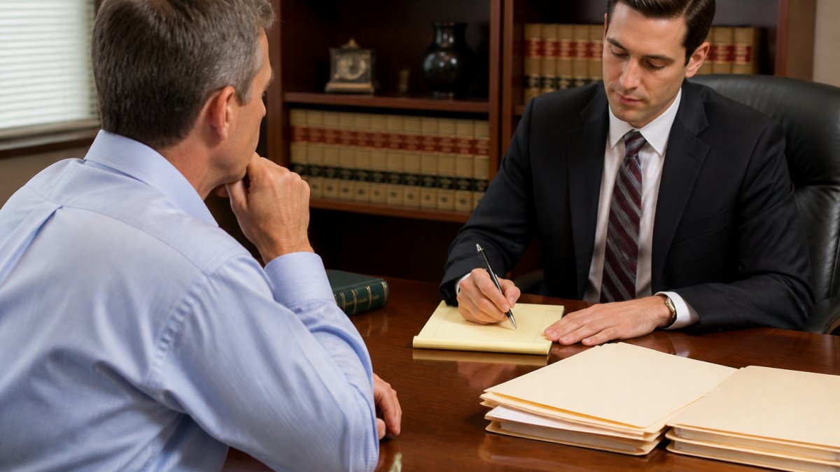 A person sitting across a desk from an attorney in a law office, reviewing documents and taking notes on a legal pad