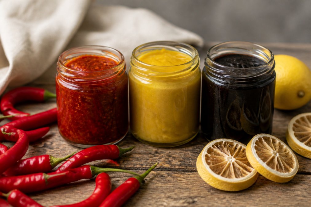 Photographie rapprochée de trois pots en verre de pâtes artisanales colorées (rouge, jaune et noir) sur une table en bois rustique, avec des ingrédients frais comme des piments et des citrons séchés à côté