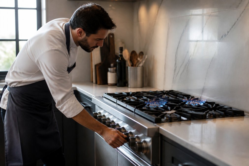 Professional chef adjusting flame on a Wolf gas range cooktop with dual-stacked burners lit, showing precise flame control and stainless steel knobs in a modern kitchen with natural window lighting