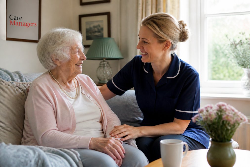 A home carer sitting beside an older woman in a bright living room, both smiling warmly during a conversation, with a cup of tea on a nearby table