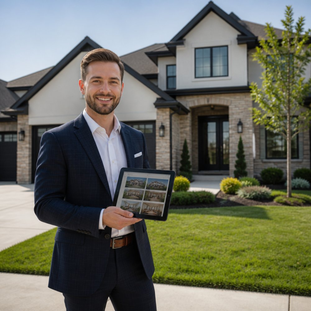 Professional real estate agent in business attire standing in front of a modern home with welcoming expression, holding a tablet showing property listings, with natural afternoon lighting
