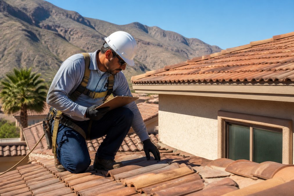 A roofing contractor in safety harness and hard hat inspecting clay tile on a single-story El Paso home, clipboard in hand, bright desert sunlight and mountain ridge visible behind the roofline