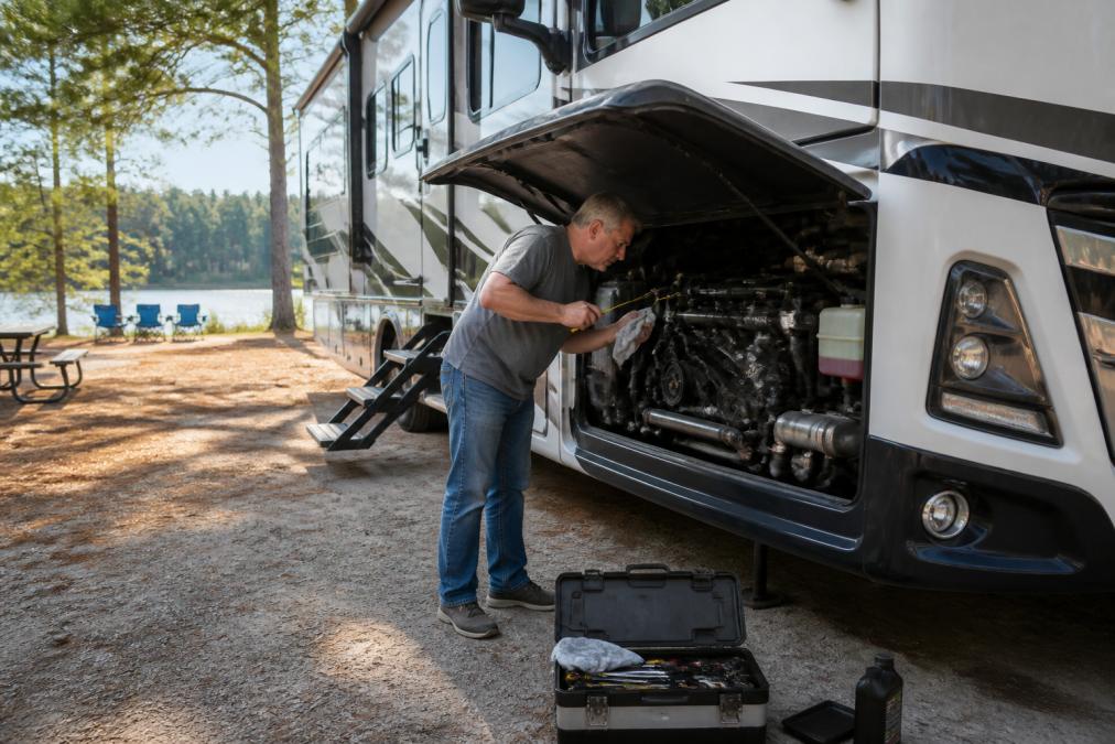 A full-time RVer in a campground checking the engine oil of a large fifth-wheel trailer with the hood open, tools nearby