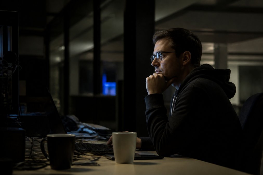 Security analyst seated in a dim security operations center, face lit by blue monitor glow, reviewing AI agent activity logs and network traffic across four screens